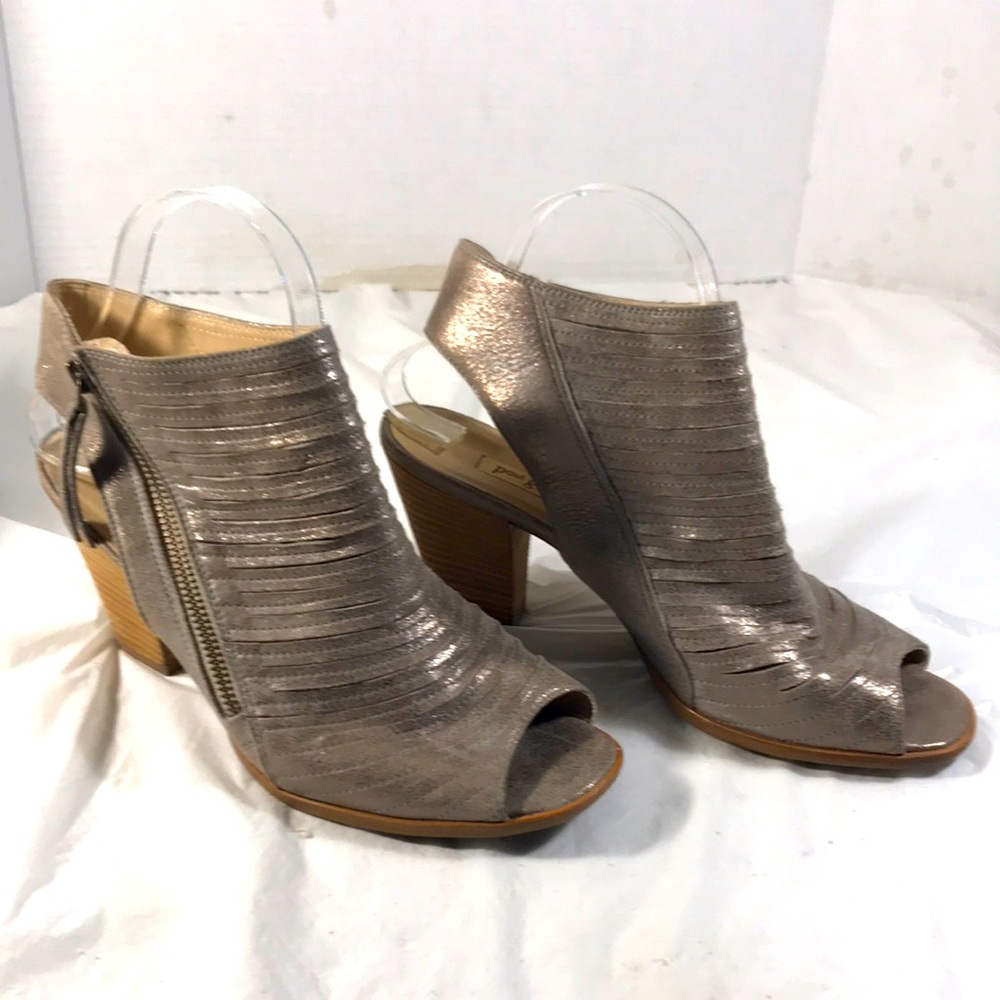 Paul Green Women’s “Cayenne” Metallic Taupe Stripped Leather Peep-Toe Ankle Boot